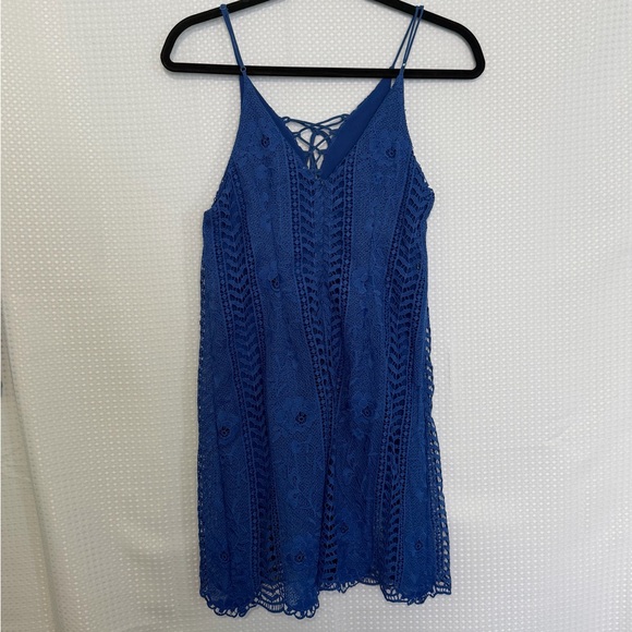 ASTR Blue Lace Up Crochet Slip Dress Spaghetti Straps Boho Festival Size S - Picture 7 of 9